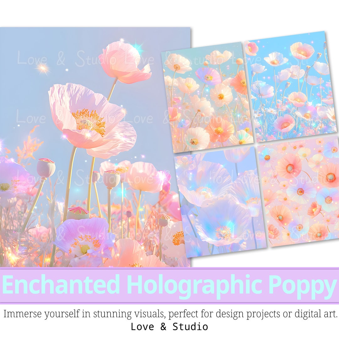 25 Enchanted Holographic Poppy Digital Paper, Sparkling Floral Clipart ...