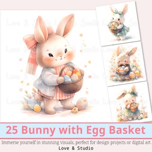 25 paashaas met eimand clipart, afdrukbare paaseieren aquarel. Pastel Spring digitaal papier, PNG van hoge kwaliteit, commercieel gebruik