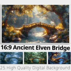 16:9 古代エルフの橋デジタルペーパー。25 種類の印刷可能なファンタジー背景。Samsung フレーム TV アート。Youtube オーバーレイ。商用利用