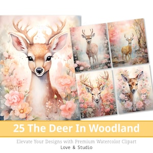 25 The Deer In Woodland Clipart, Aquarelle Adorable Animal dans la forêt enchanteresse Sublimation, Utilisation commerciale, Téléchargement INSTANTANÉ.