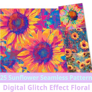 Peut inclure: 25 motifs numériques sans couture représentant des tournesols vibrants avec un effet de glitch. Les motifs sont dans des tons de jaune, orange, rose, bleu et vert.