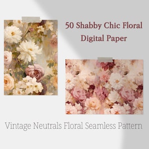 50 patrón floral sin costuras Shabby Chic, papel digital de pintura al óleo impresionista, tamaño de letra 8,5 X 11, fondo de color neutros vintage