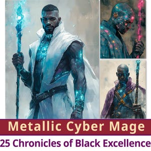 25 Papel Digital Metálico Cyber Mage, Clipart de Fantasia Crônica de Excelência Negra, Afro-americano Majestic para Impressão, Uso Comercial