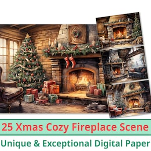 25 Papel digital de escena de chimenea acogedora de Navidad, imágenes prediseñadas de fiesta de Navidad de acuarela. Fondo de vacaciones de invierno. Hacer una tarjeta, uso comercial