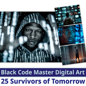 May include: Digital art print depicting a man in a hooded jacket, with a futuristic, tech-inspired aesthetic. The image includes additional panels with similar themes, and the text "Black Code Master Digital Art" and "25 Survivors of Tomorrow".