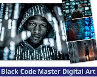 May include: Digital art print featuring a man in a hooded jacket, with a futuristic, tech-inspired aesthetic. The image includes additional panels with similar themes, and the text "Black Code Master Digital Art" and "25 Survivors of Tomorrow".