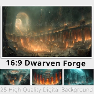 May include: A digital background image depicting a fiery, dwarven forge with a large, cavernous space and a multitude of glowing furnaces. The image is in a 16:9 aspect ratio and is part of a set of 25 high-quality digital backgrounds.