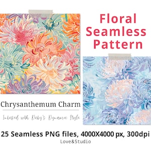 25 Amuleto de crisântemo: abraçando o estilo dinâmico de Dufy, padrão de flor sem costura. Papel de parede floral em aquarela, registro no diário, embrulho para presente.