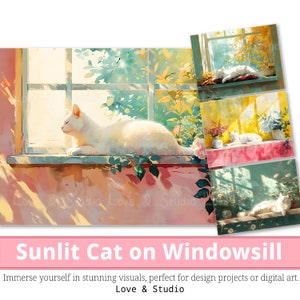 25 Gato iluminado por el sol en papel digital alféizar de ventana, encantadora acuarela Fellin, gato blanco perezoso imprimible, diario, fondo de pantalla, uso comercial