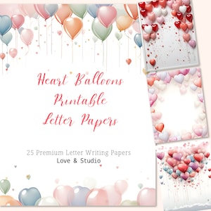 Papel de carta de amor imprimible con globo de 25 corazones, borde de página del día de San Valentín. Tarjeta de invitación imprimible, papel artesanal de papelería. Uso comercial