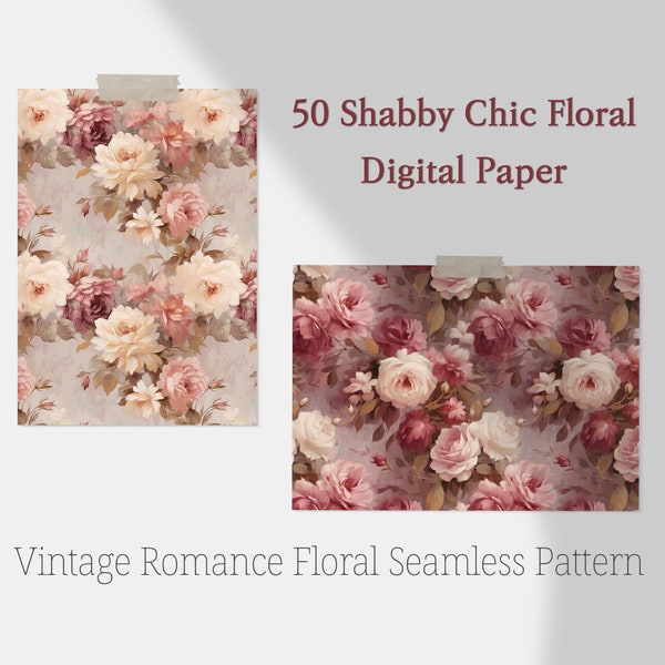 50 Shabby Chic Floral Seamless Pattern, Vintage Romance Digital Paper, Flower Oil Painting. Craft supplies. Scrapbooking. Card Making.