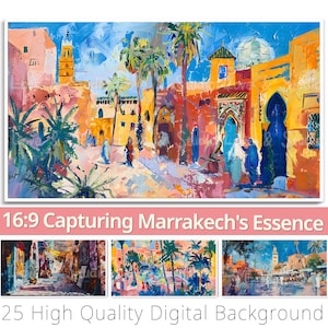 16:9 Digitale achtergrond van Marrakech vastleggen. 25 Samsung Frame TV-kunst, YouTube-overlay. Oriëntatiepuntbehang. Oude stad clipart. Commercieel gebruik