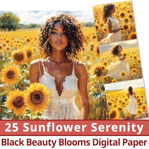 25 zonnebloem sereniteit digitaal papier, Black Beauty Blooms Clipart, afdrukbare Majestic African American, de levendige bloem, commercieel gebruik