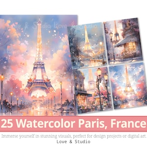 25 Paris, France Papier numérique, Aquarelle La Tour Eiffel Clipart, Ville d’Amour, Sublimation, Utilisation commerciale, Téléchargement INSTANTANÉ.