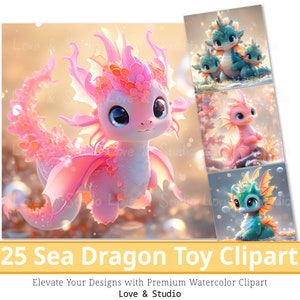 25 Baby Seedrache Spielzeug Clipart, 3D niedliche Tier Clipart, bunte Meerestiere Illustration für Kinder, digitales Basteln, kommerzielle Nutzung