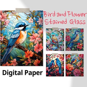 25 Bird and Flower Stained Glass Digital Paper. Nature's Mosaic. Vibrant flower Stainedglass Pattern Sublimation Design, Commercial use