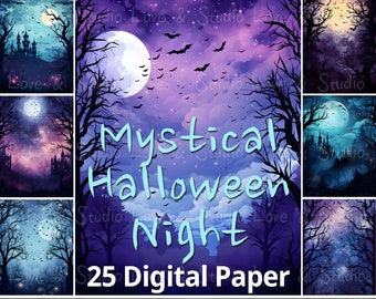 25 Mysterious Night Sky Digital Paper, Watercolor Halloween Party Invitation. Whimsical Spooky Craft Paper. Fantasy Element. Commercial Use
