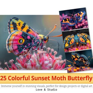 25 kleurrijke Sunset Moth Butterfly portret digitaal papier, afdrukbare realistische Lepidoptera clipart, hoogwaardige PNG, commercieel gebruik