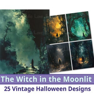 25 The Witch in the Moonlit Digital Paper, Printable Vintage Halloween Wallart,  Retro Fantasy Decor. Classic Horror Clipart. Commercial Use