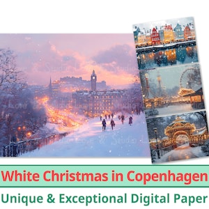25 Weiße Weihnachten in Kopenhagen Digitales Papier, Schnee-Stadtbild, festlicher Winter-Hintergrund, Weihnachtsgeschenkkarte, kommerzielle Nutzung
