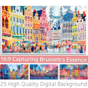 16:9 Catturare lo sfondo digitale di Bruxelles. 25 Immagini per TV con cornice Samsung, sovrapposizione Youtube. Carta da parati punto di riferimento. Città vecchia clipart. Uso commerciale