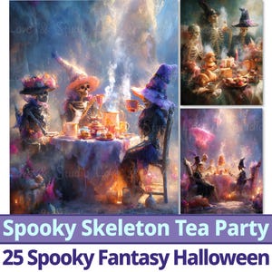 Papel digital imprimible de 25 esqueletos espeluznantes para fiesta de té, fantasía oscura, decoración de Halloween. Fondo de criatura mística gótica. Uso comercial.