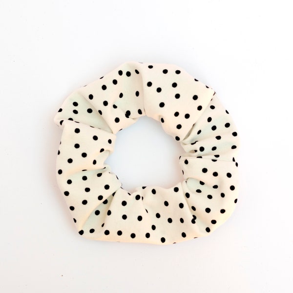 Polka dot scrunchie white and black handmade with 100% organic cotton, hair scrunchie, hair elastic ponytail holder, hair accessory dots