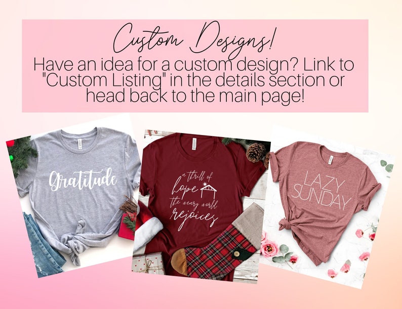 May include: Three t-shirts with different designs. The first t-shirt is light gray with the word "Gratitude" in white. The second t-shirt is maroon with the text "thrill of hope the scary will rejoices" in white. The third t-shirt is pink with the text "LAZY SUNDAY" in white.