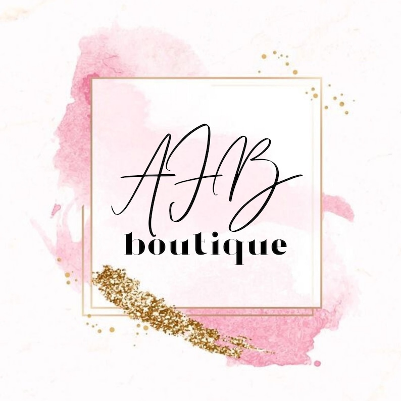 May include: A pink watercolor background with gold glitter accents and a white square frame. The text "AJB boutique" is written in black inside the frame.