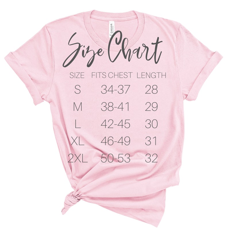 May include: A pink t-shirt with a size chart printed on the front. The chart shows the size, chest measurement in inches, and length in inches.  Sizes include S, M, L, XL, and 2XL.