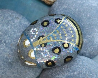 Gratitude Metallic & Gold Ladybug painted rock.