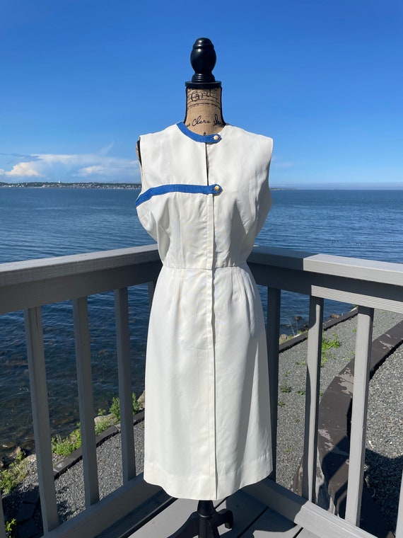 1940’s-50’s White Sheath Dress | Blue Trim | Peggy