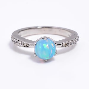 Natural Blue Opal Ring, 925 Sterling Silver Ring, Fire Opal Ring, Round Cabochon Ring, Birthday Gift, Ring For Women, Purpose Ring, Dainty