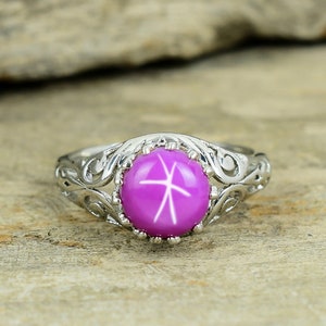 Pink Lindy Star Sapphire Ring, 925 Sterling Silver Ring, Sapphire Ring, Round Star Ring, Ring For Women, Mother Gift, Birthday Gift For Her