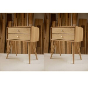 x2 pair of Mid century modern Nightstand Bedside table ( two drawers) end tables made from solid oak - bedroom decor  Scandinavian style