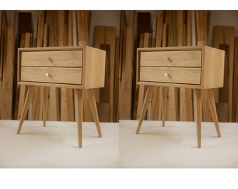 x2 pair of Mid century modern Nightstand Bedside table ( two drawers) end tables made from solid oak - bedroom decor  Scandinavian style