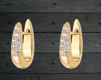 Gold Plated U Shaped Hoop Earrings | Sterling Silver Posts | Cubic Zirconia Hoops | Silver Earrings | Hoop Eaarings