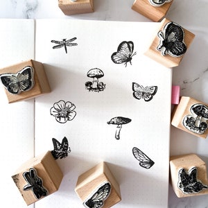 Rubber Seal Wooden Stamps | Nature Stamps | Butterfly | Dragonfly | Mushroom | Flower | Animal Stamps