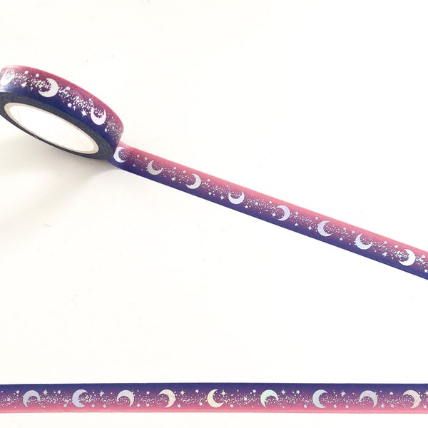 Mystical Purple/Red Moon and Star Silver Foil Pattern Skinny Washi Tape - 10mm x 10m