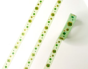 Green and Gold Foil Four Leaf Clover Pattern Skinny Washi Tape - 10mm x 10m