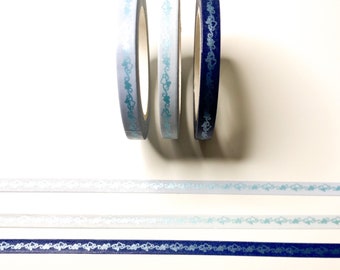 Skinny Washi Tape - Blue Hues and Foil Pattern - Hearts  - Set of 3  - 5mm x 10m
