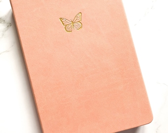 Peach Butterfly Journal - Embossed Gold Foil - 160gsm thick paper - A5 Dot Grid Journal