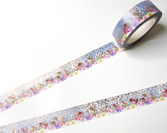 Blue Floral Sparkle Foil  Pattern Plant Flower Washi Tape - 15mm x 10m