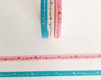 Skinny Washi Tape - Pink, Blue, Peach and Foil Pattern - Shooting Stars  - Set of 3  - 5mm x 10m