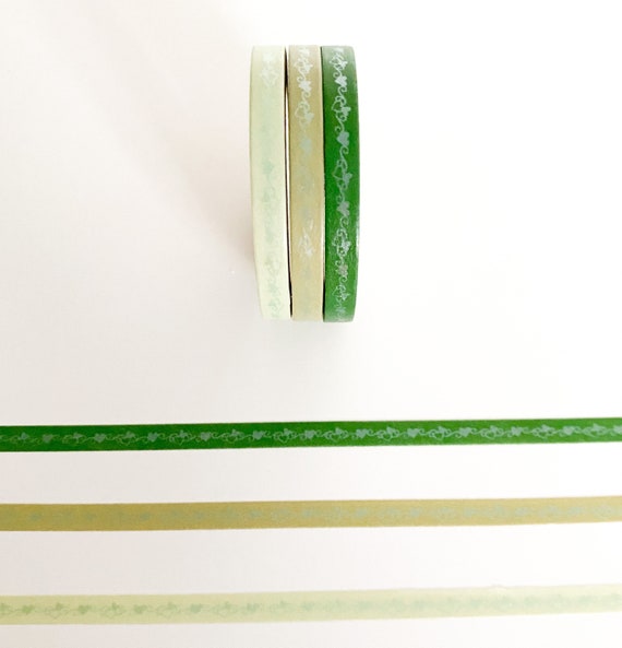 Skinny Washi Tape Green Hues and Foil Pattern Hearts Set of 3 5mm X 10m 
