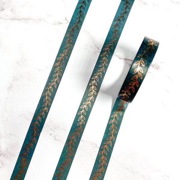 Dark Green Blue and Bronze Foil Leaf Pattern Washi Tape - 10mm x 10m