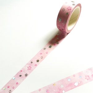 Pink Flower Holographic Silver Foil Washi Tape 15mm x 5m image 1