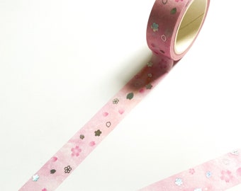 Pink Flower Holographic Silver Foil Washi Tape - 15mm x 5m
