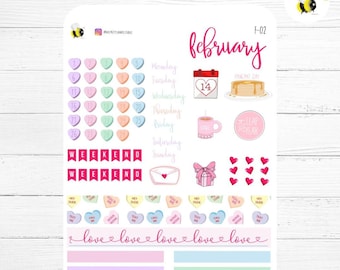 February Planner Stickers Sheet | Candy Hearts | Pink | Monthly Journal Stickers | Washi | Scrapbooking | Vinyl White Stickers