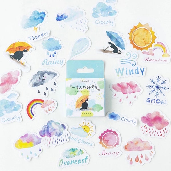 Watercolour Weather Icons Sticker Pack | 46pcs | Artistic | Sunny  | Rain | Clouds | Individual Stickers